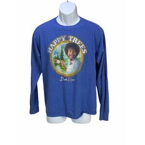 Bob Ross Mens Long Sleeve Shirt Small Blue Happy Trees Pullover Crew Neck